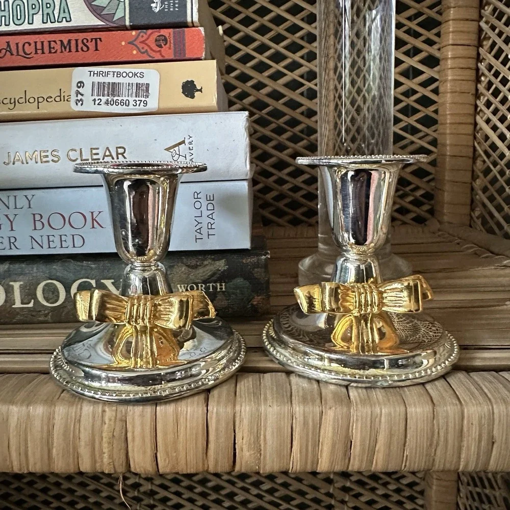 Silver‎ Gold Tone Bow Candlestick Holders Set Of Two